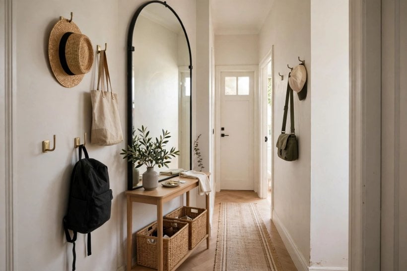 entryway mirror: mirror placed opposite a door to reflect light into the hall