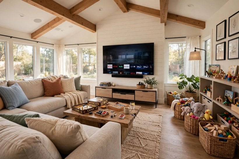 family room addition pictures: built-in shelves along one calm wall