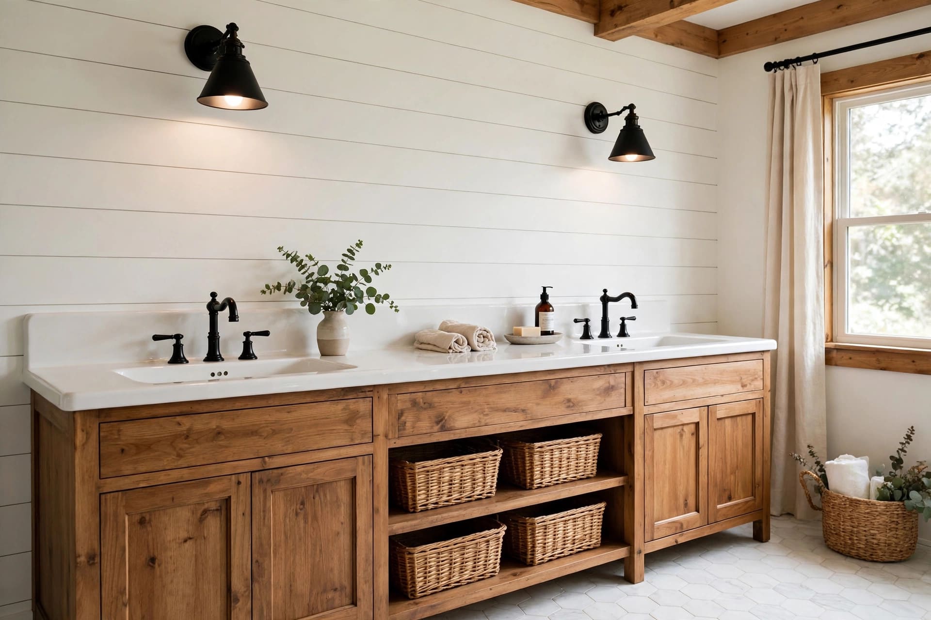 farmhouse bathroom: double wood vanity with apron-front sinks