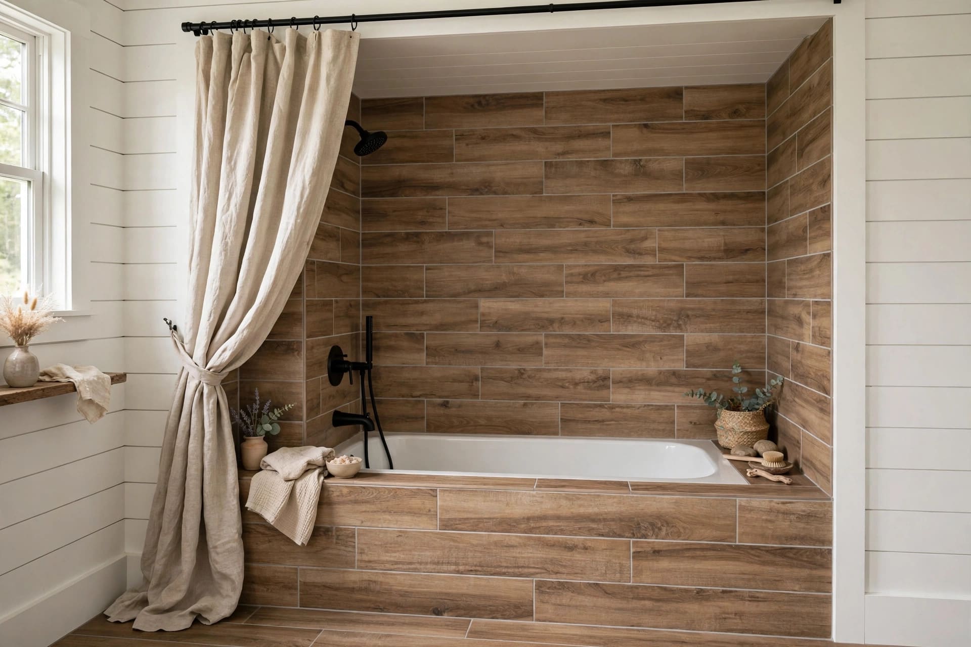 farmhouse bathroom: open wood shelves with woven storage baskets