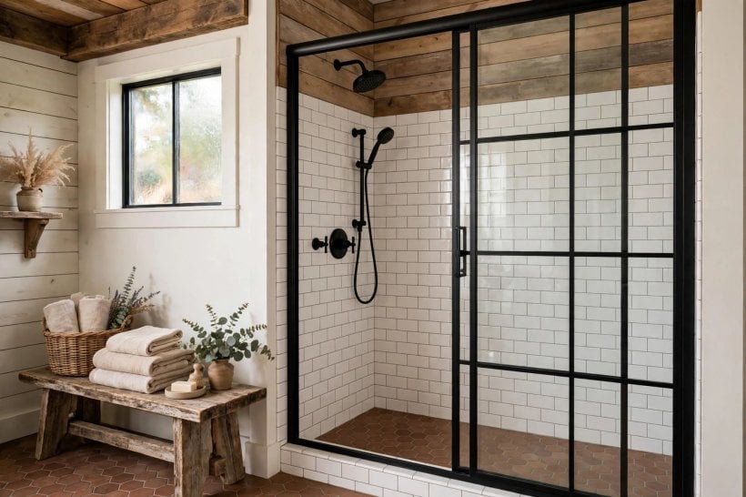 farmhouse bathroom: freestanding soaking tub beside a shiplap wall