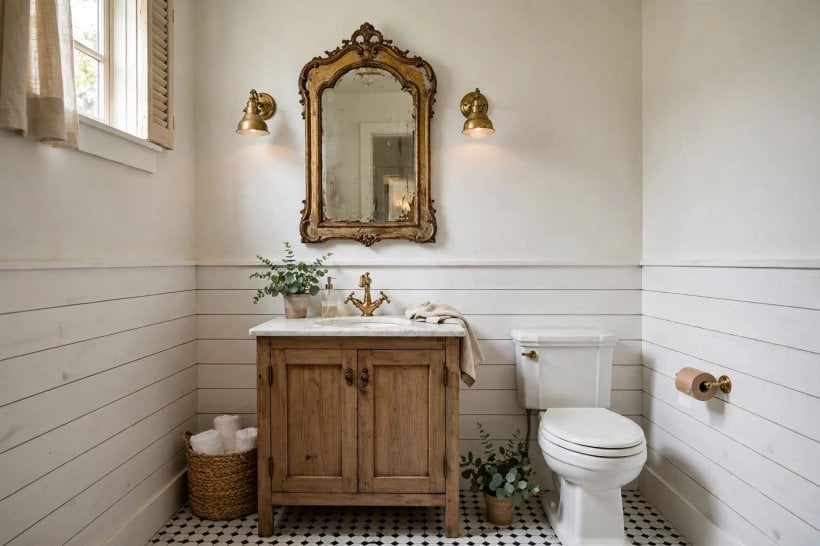 farmhouse bathroom: black faucets and warm metal sconce lighting