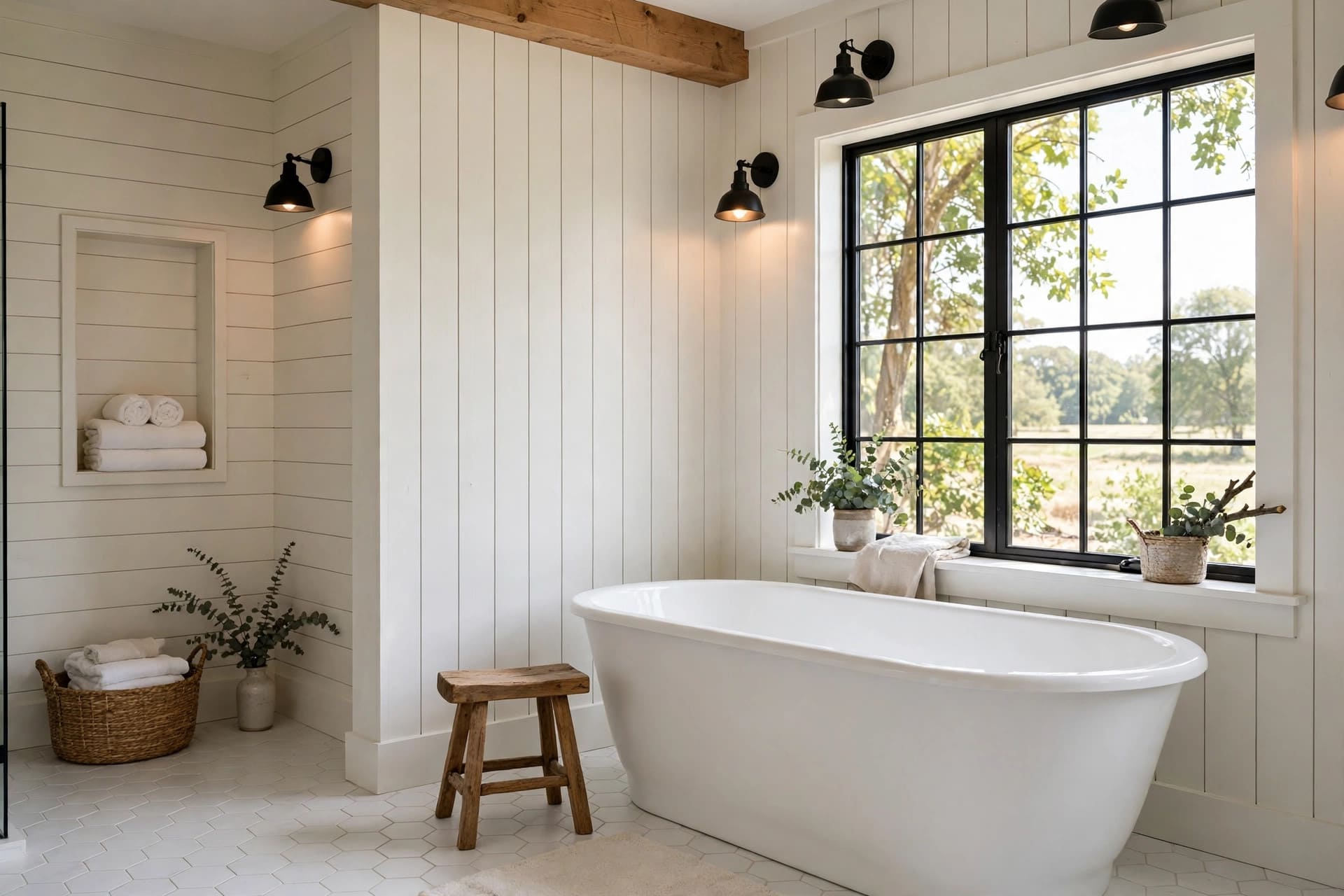 farmhouse bathroom: compact layout with a wall-mounted sink and mirror