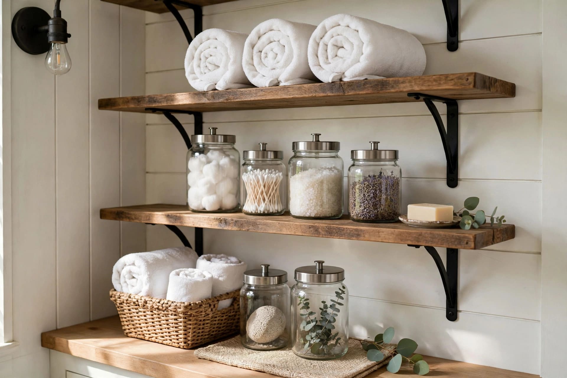 farmhouse bathroom: painted cabinetry with vintage-style cup pulls