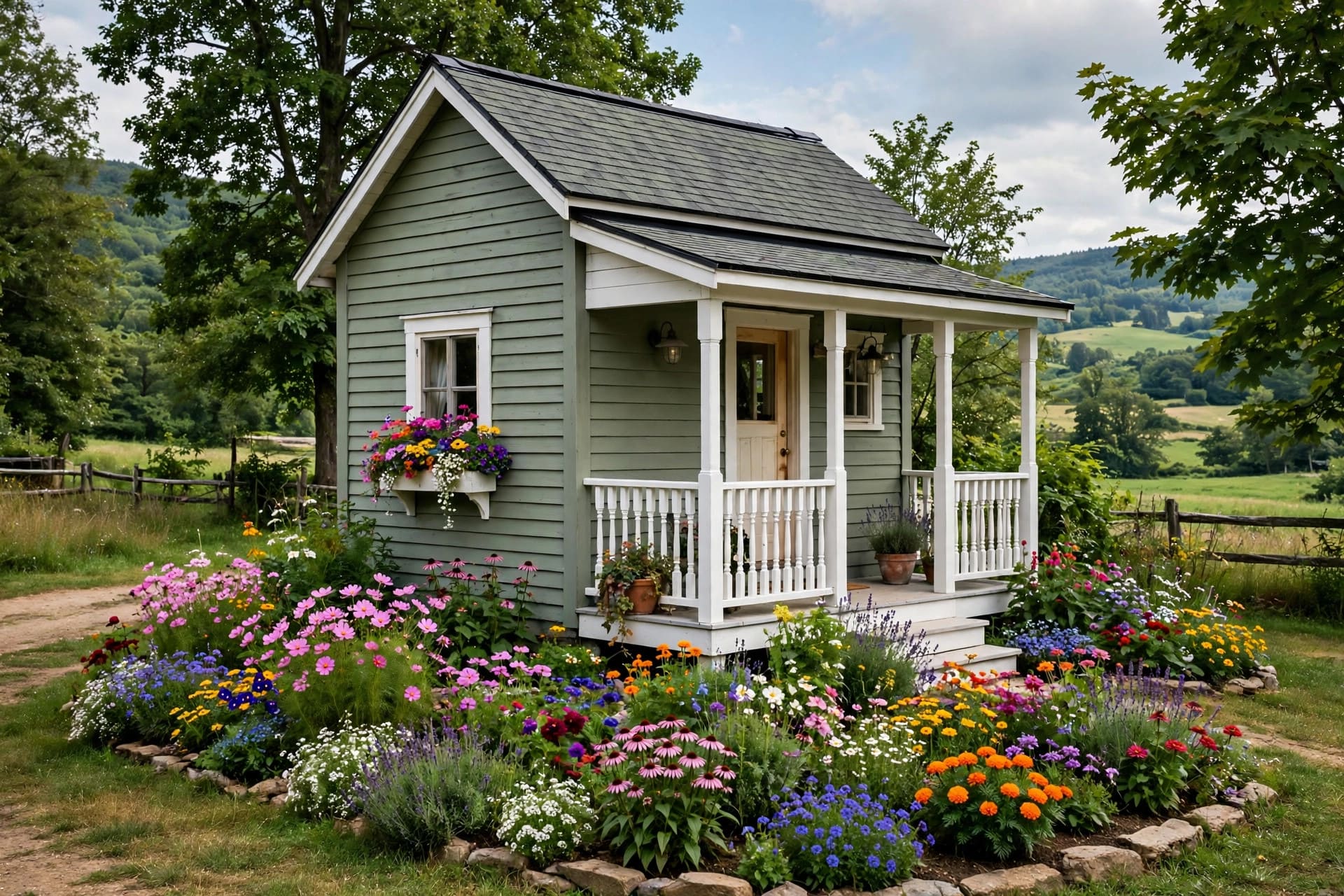 farmhouse exterior: sage green siding paired with natural wood accents