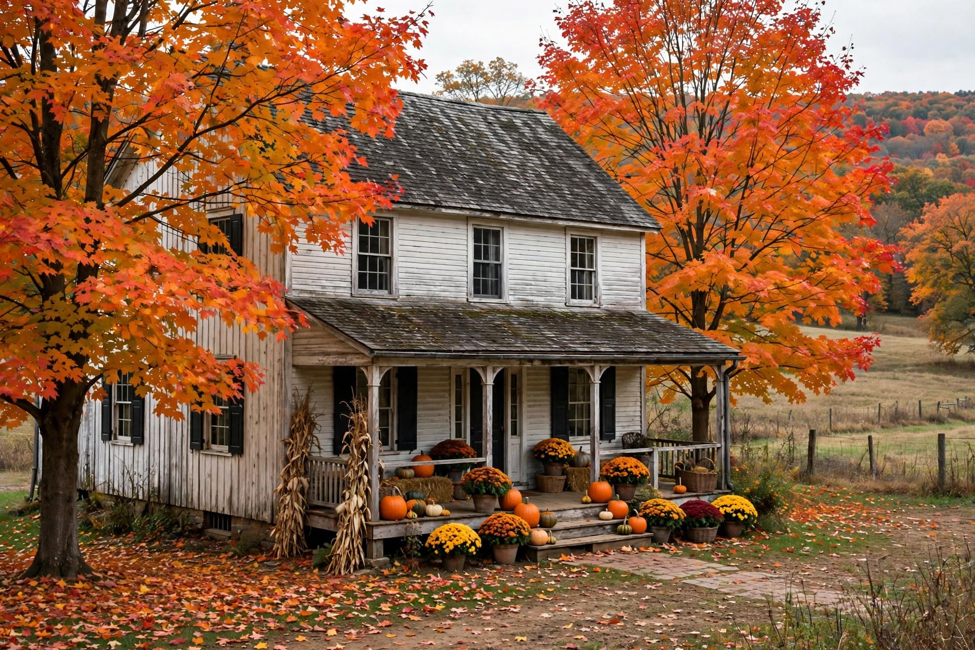 farmhouse exterior: wraparound porch with rocking chairs and hanging baskets