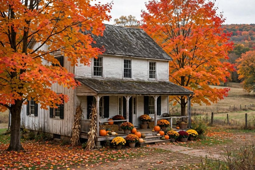 farmhouse exterior: wraparound porch with rocking chairs and hanging baskets