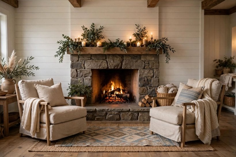 farmhouse family room: seating grouped around a low table on a large rug