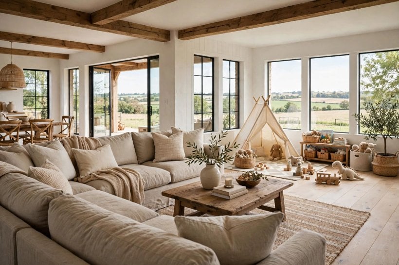 farmhouse family room: deep sofa and armchair in warm neutral fabrics
