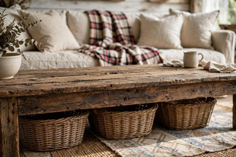 farmhouse family room: layered cushions, throws and a woven rug
