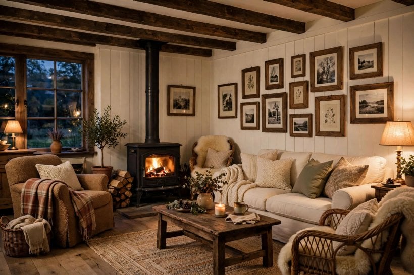 farmhouse family room: lidded baskets and a painted storage cabinet