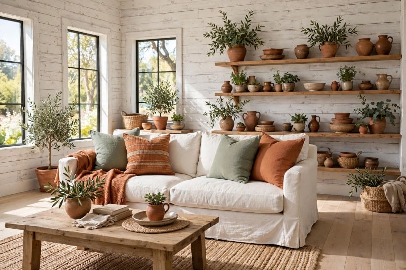farmhouse family room: warm lamplight, framed photos and a large mirror