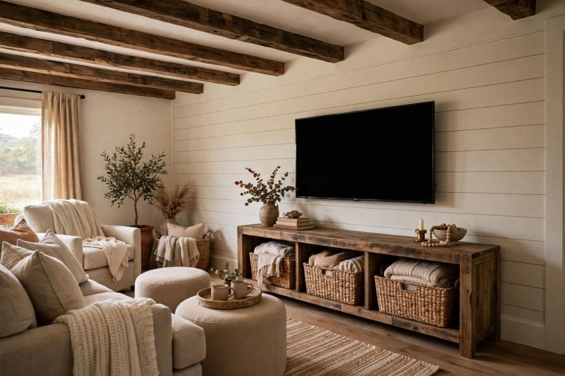 farmhouse family room: compact seating with leggy furniture and wall shelves
