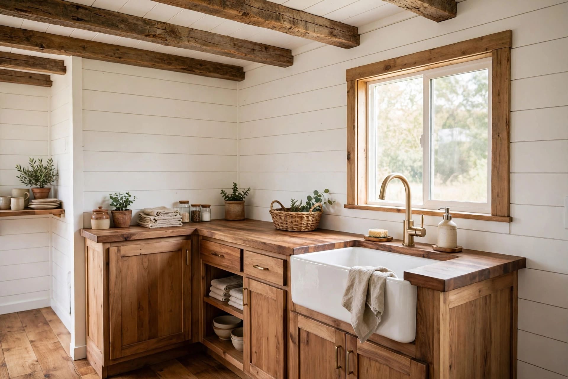Farmhouse tiny house interior with shiplap walls, reclaimed wood and an apron-front sink