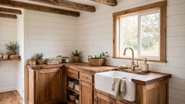 Farmhouse tiny house interior with shiplap walls, reclaimed wood and an apron-front sink