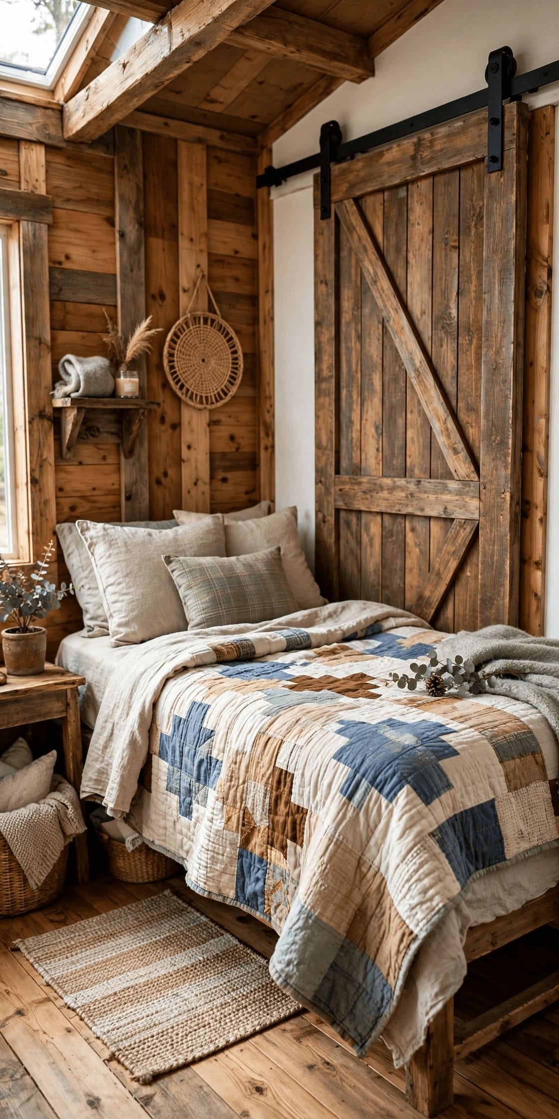 Farmhouse tiny house interior pin with reclaimed wood open shelves, black iron hooks and a layered, cosy living corner