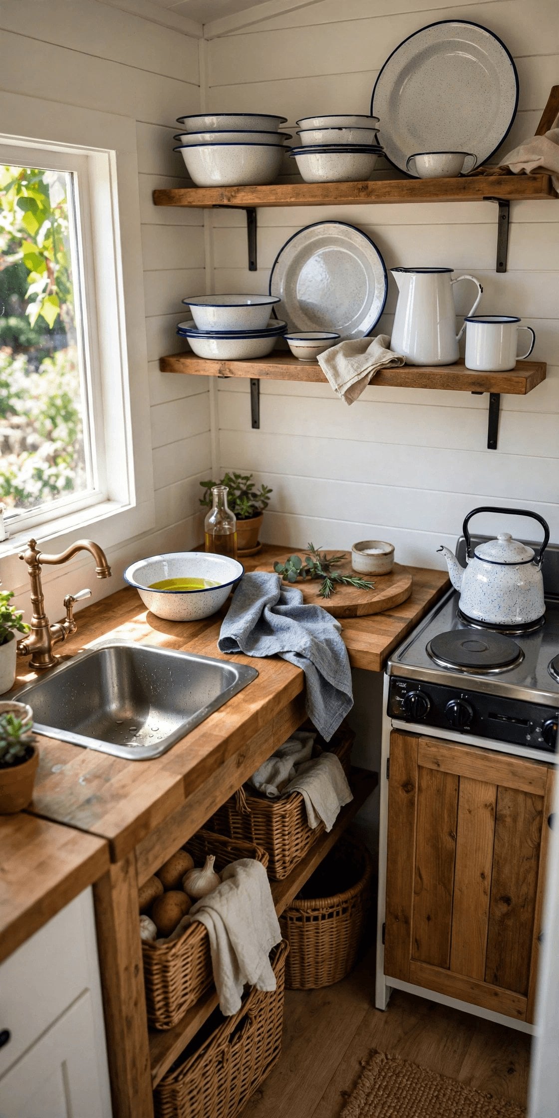 Farmhouse tiny house interior pin showing a beadboard kitchen with an apron-front sink, enamel accents and linen curtains