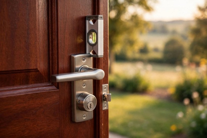 feather river doors: close view of a fiberglass entry door and its frame