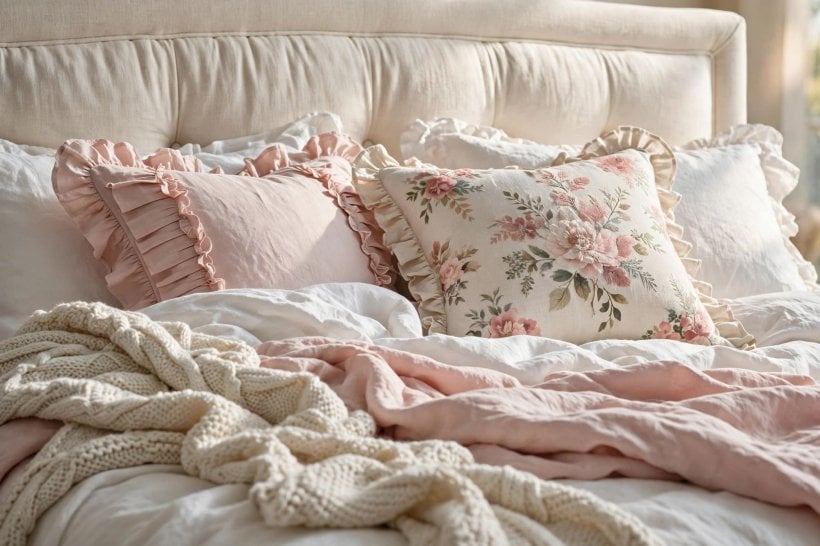 feminine bedroom: upholstered bed centred on the wall with matching bedside tables