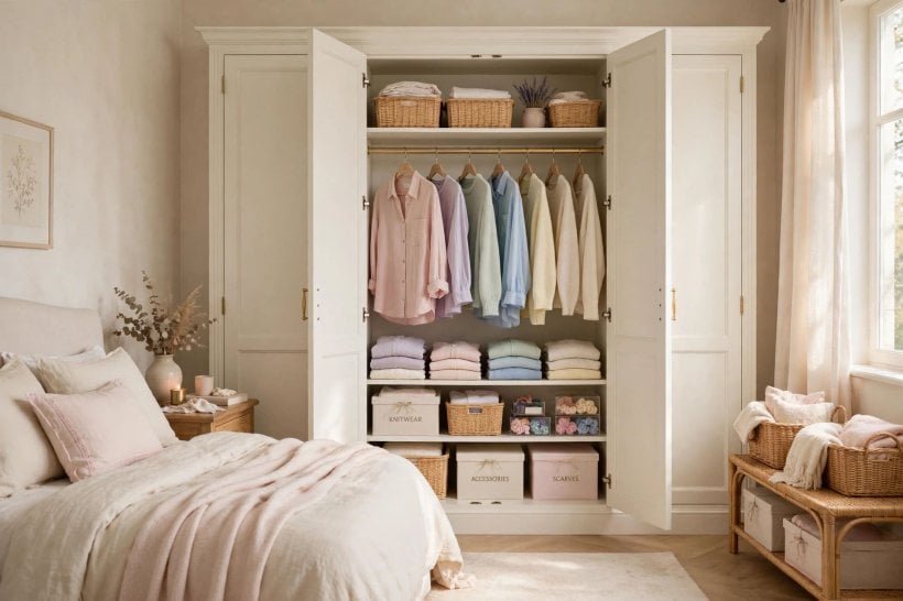 feminine bedroom: sheer curtains and textured cushions in soft neutrals