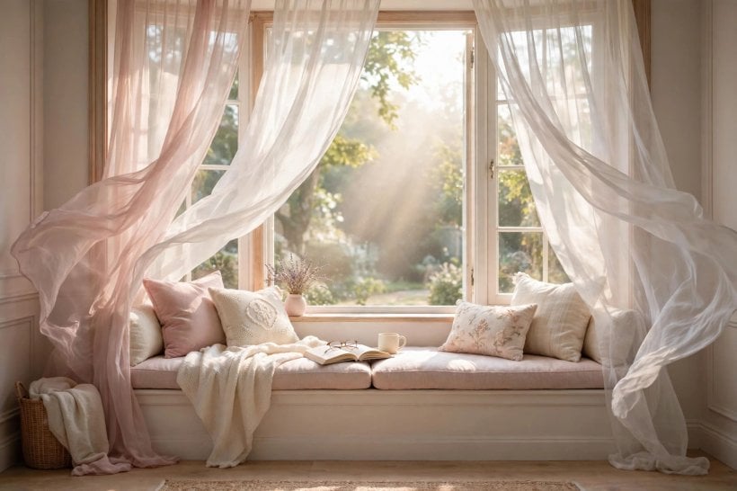feminine bedroom: closed wardrobe and neat bedside drawers