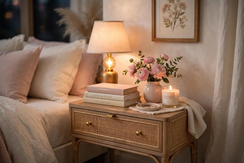 feminine bedroom: warm bedside lamps and soft evening light