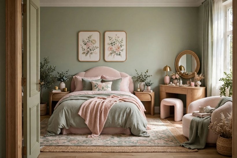 feminine bedroom: compact room with light colours and space-saving furniture