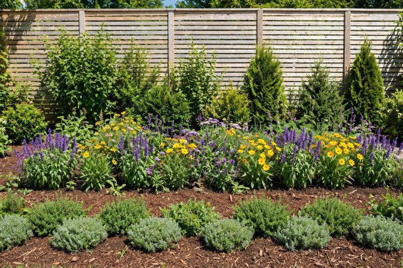 landscaping ideas against fence: a deep layered border with a clean front edge