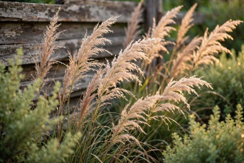 landscaping ideas against fence: tall grasses and shrubs screening a boundary