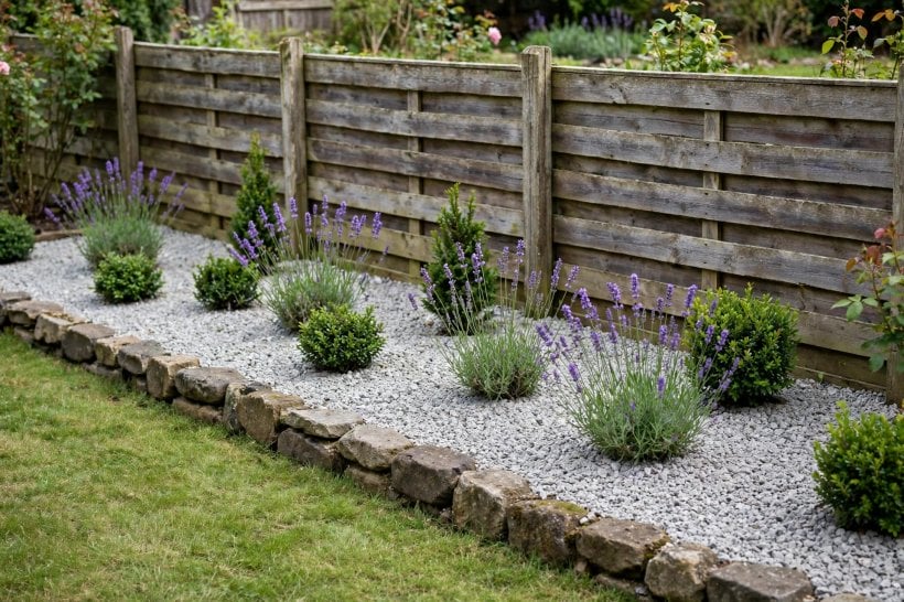 landscaping ideas against fence: mid-height flowering shrubs in a mixed border