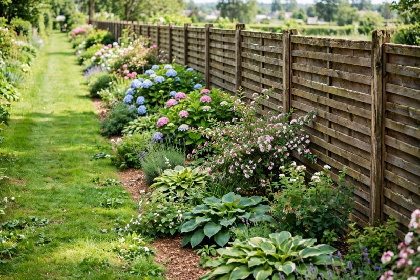 landscaping ideas against fence: low edging plants softening the front of a border