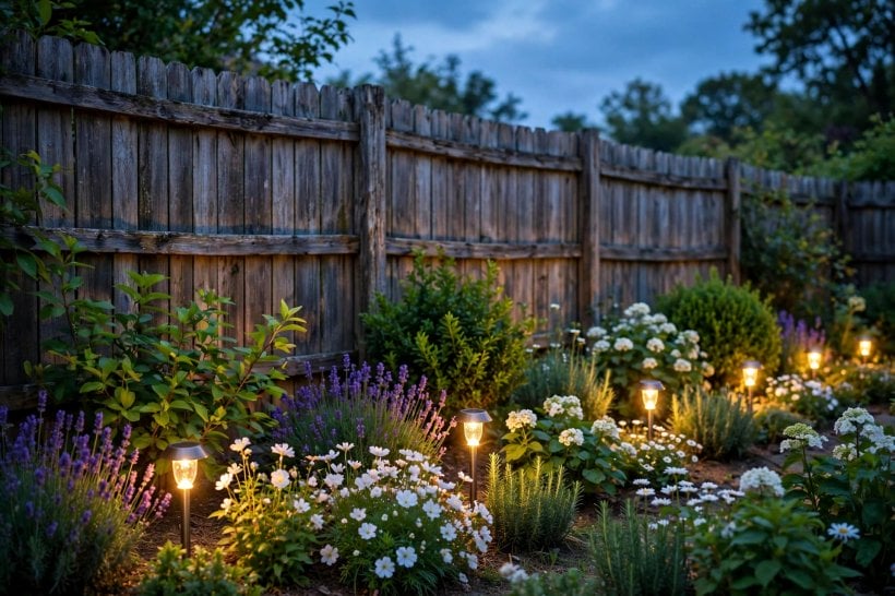 landscaping ideas against fence: a colour-planned border in flower along a fence
