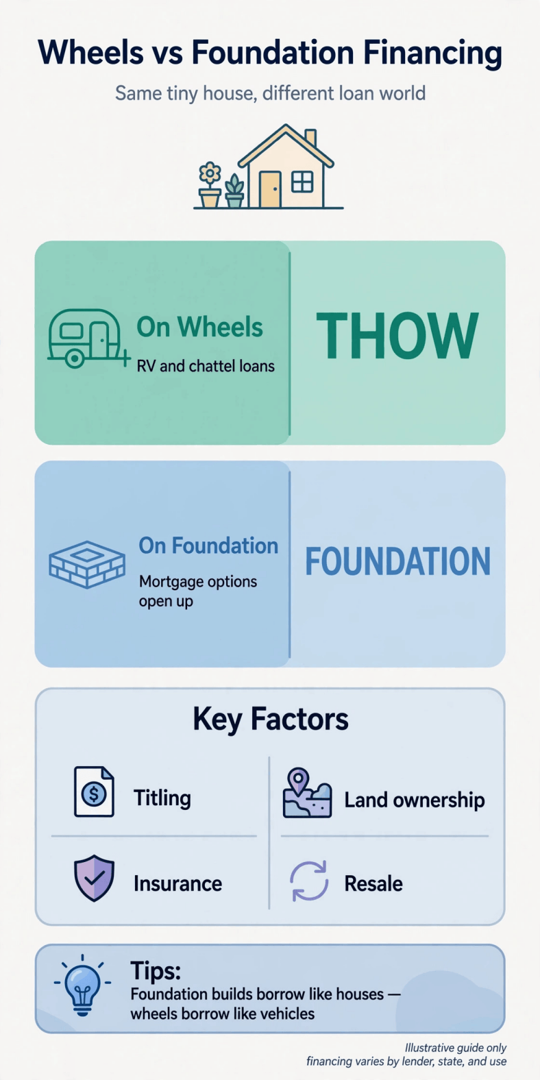 Financing a tiny house on wheels vs on a foundation infographic — how the two routes differ