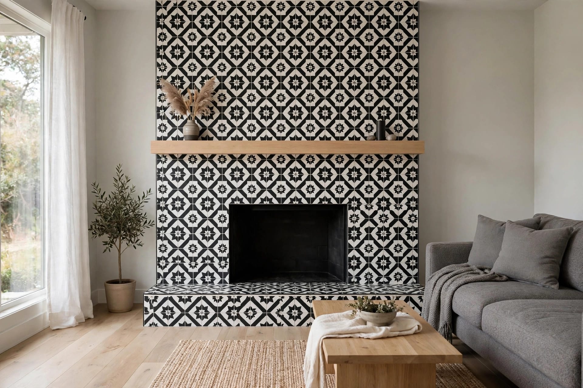 fireplace tile ideas: herringbone tiled surround with a timber mantel and styled hearth
