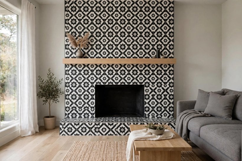 fireplace tile ideas: herringbone tiled surround with a timber mantel and styled hearth