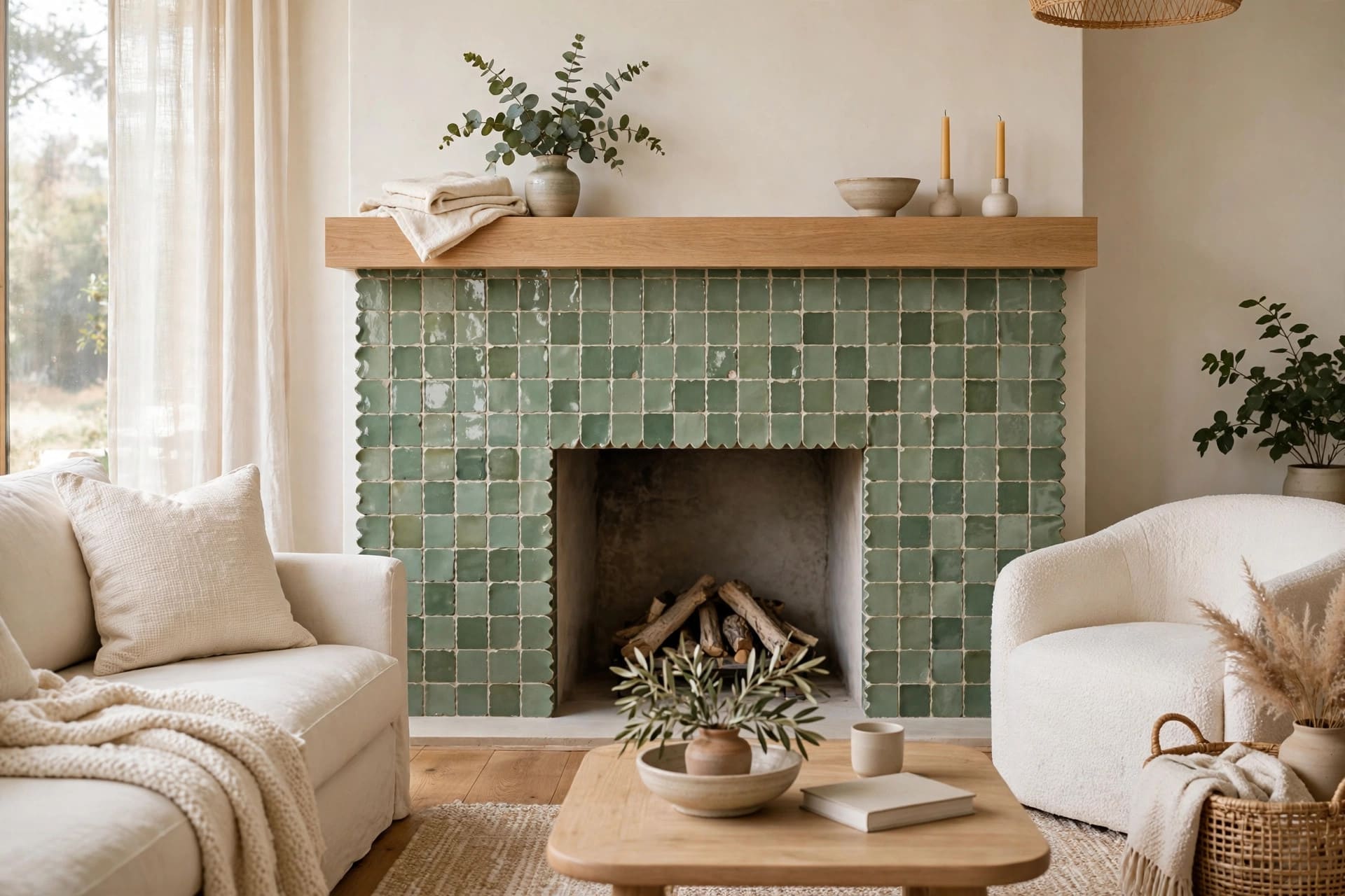 fireplace tile ideas: living room layout with sofas angled towards a tiled chimney breast
