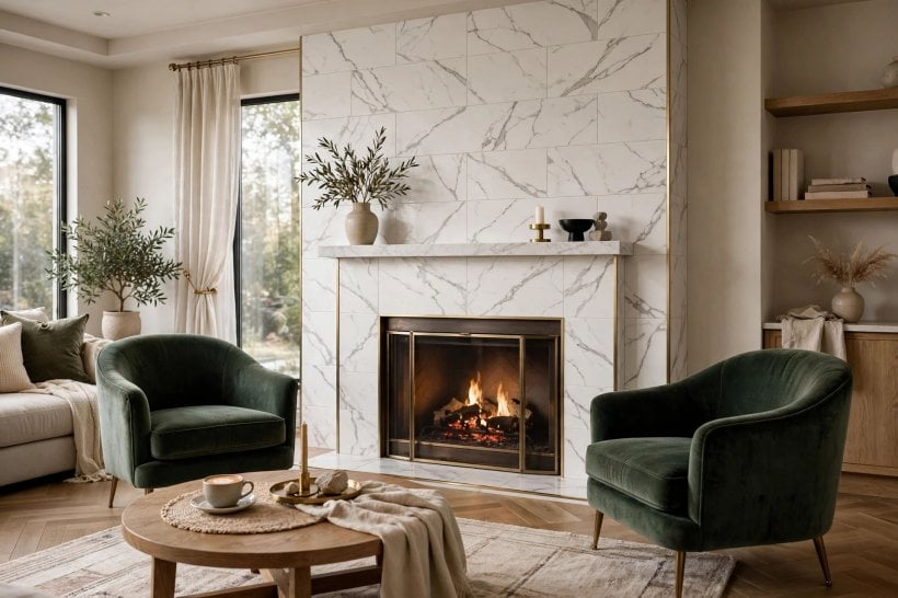 fireplace tile ideas: tiled hearth with a log basket, candles and a deep wooden mantel shelf