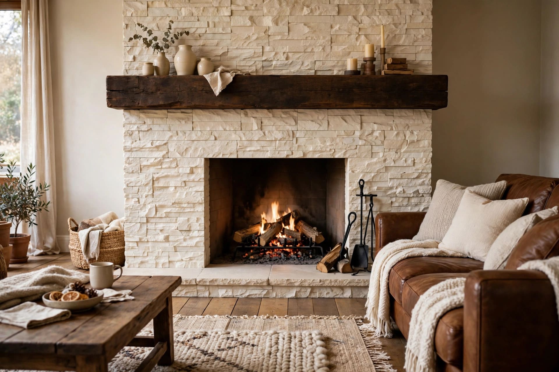 fireplace tile ideas: deep green glazed tiles glowing in firelight with brass tools