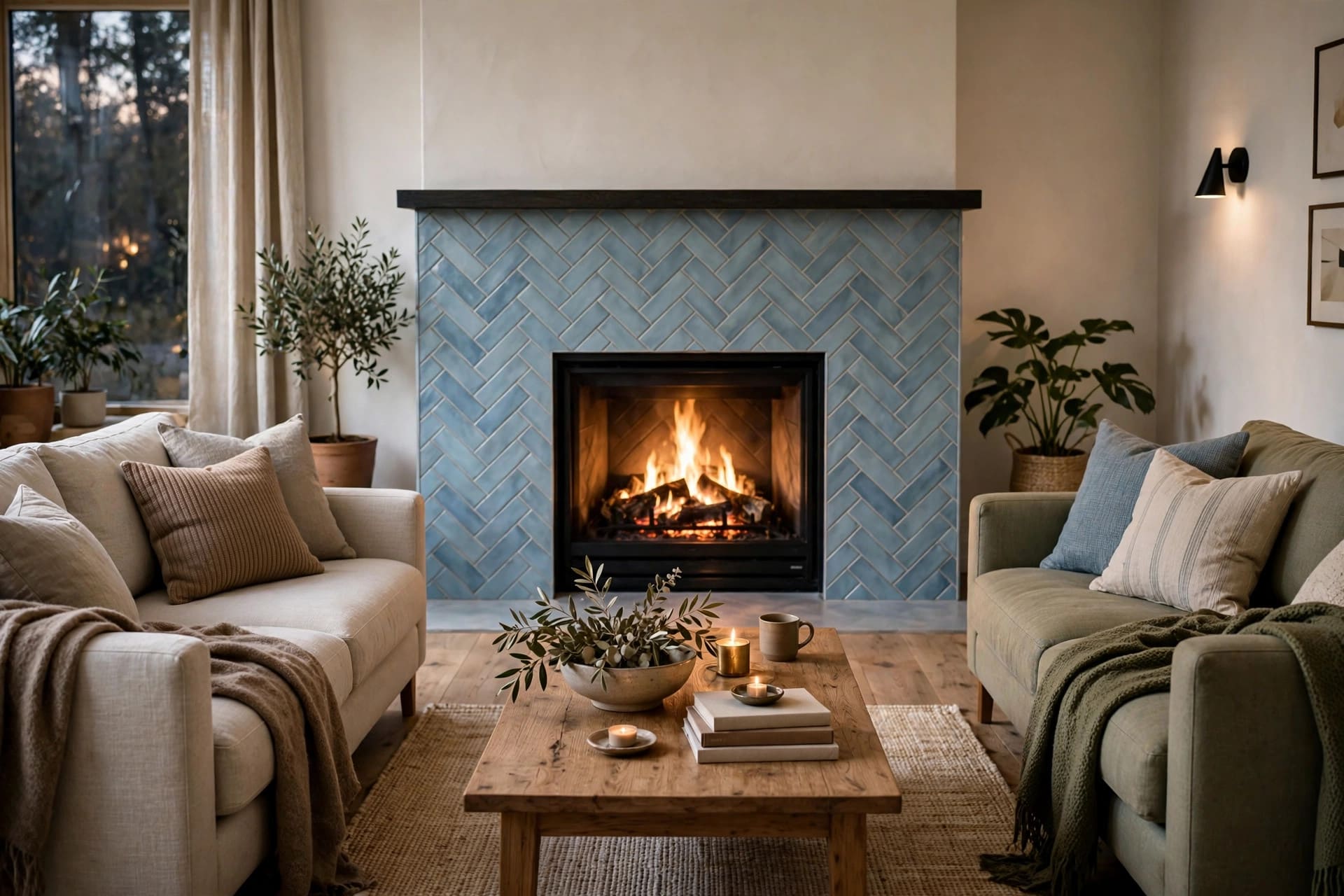 fireplace tile ideas: compact living room with a slim tiled surround and built-in alcove shelves