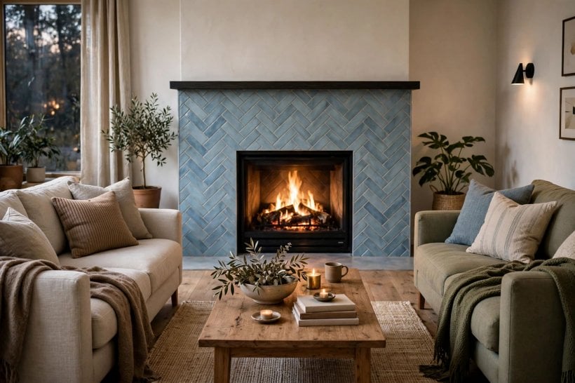 fireplace tile ideas: compact living room with a slim tiled surround and built-in alcove shelves