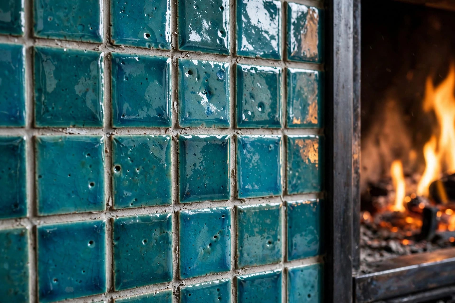 fireplace tile ideas: media wall combining a tiled fireplace with shelving and a mounted screen