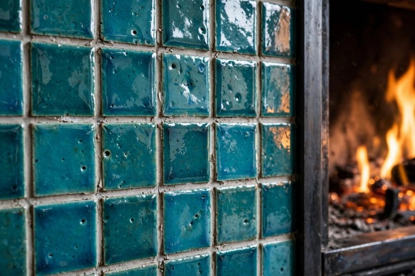 fireplace tile ideas: media wall combining a tiled fireplace with shelving and a mounted screen