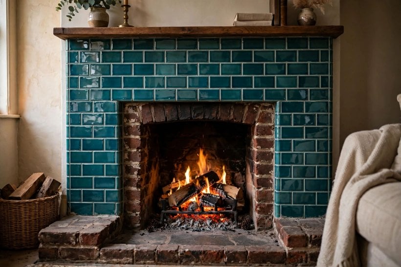covering brick fireplace with tile: new tile face over a prepared brick fireplace surround