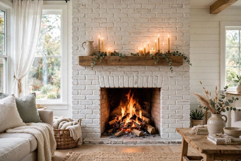 covering brick fireplace with tile: pale brick veneer surround with a timber mantel