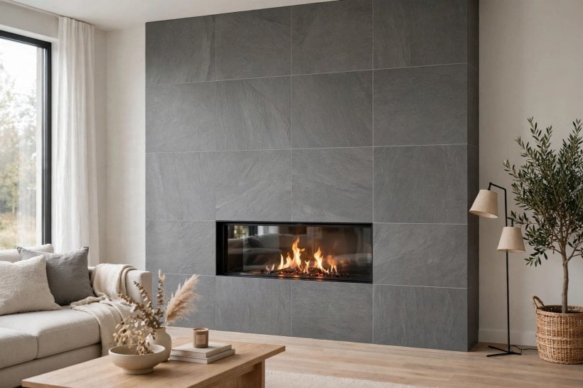 covering brick fireplace with tile: tiles arranged in a dry layout before fixing