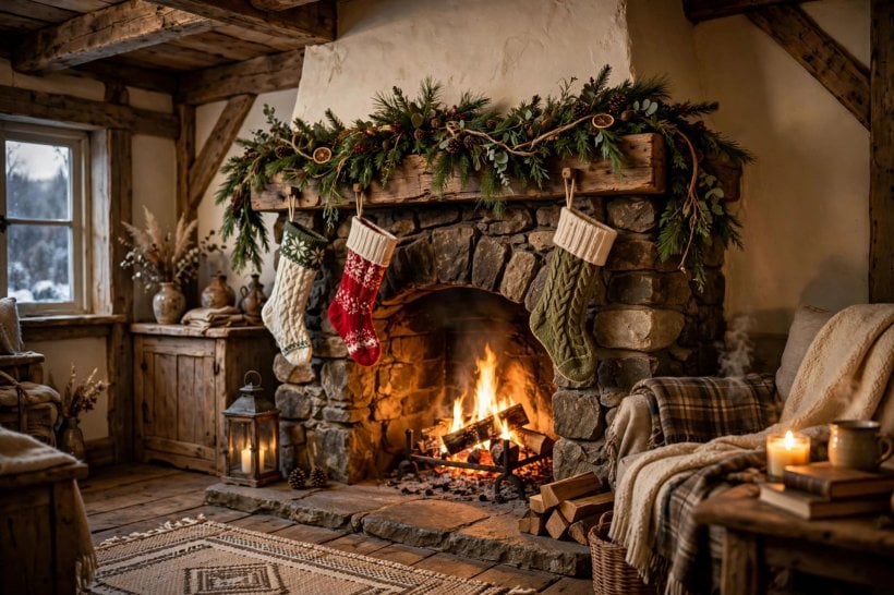 covering brick fireplace with tile: finished surround styled with a mirror and log basket