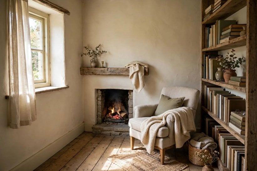 fireplace width: a wide fireplace composition anchoring an open-plan room