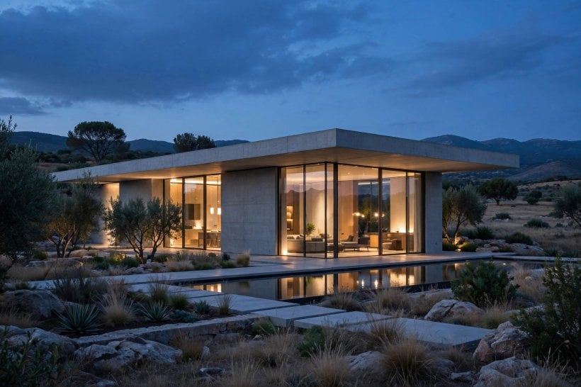 almost flat roof designs: single-storey home with a clean low roofline