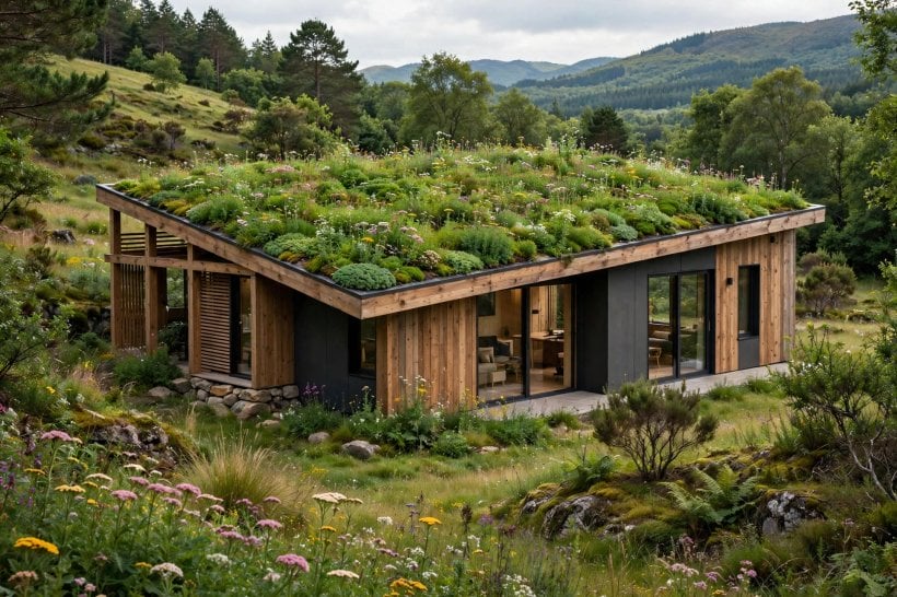 almost flat roof designs: planted roof terrace with seating