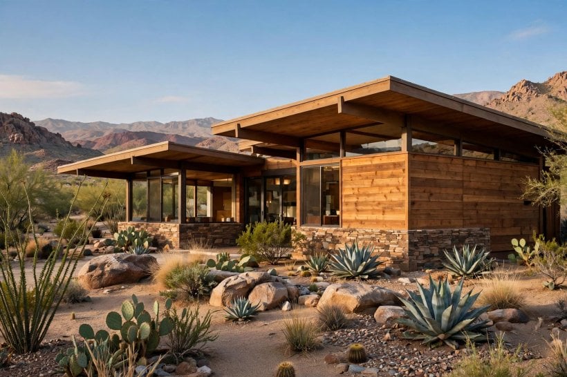 almost flat roof designs: white walls with a dark low roof